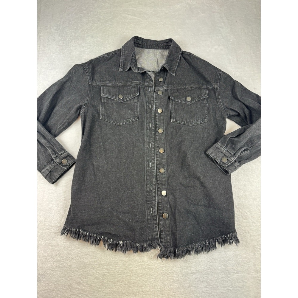 Womens Faded Black Jean Jacket Silver Buttons Raw Hem Size L Western Cowgirl‎